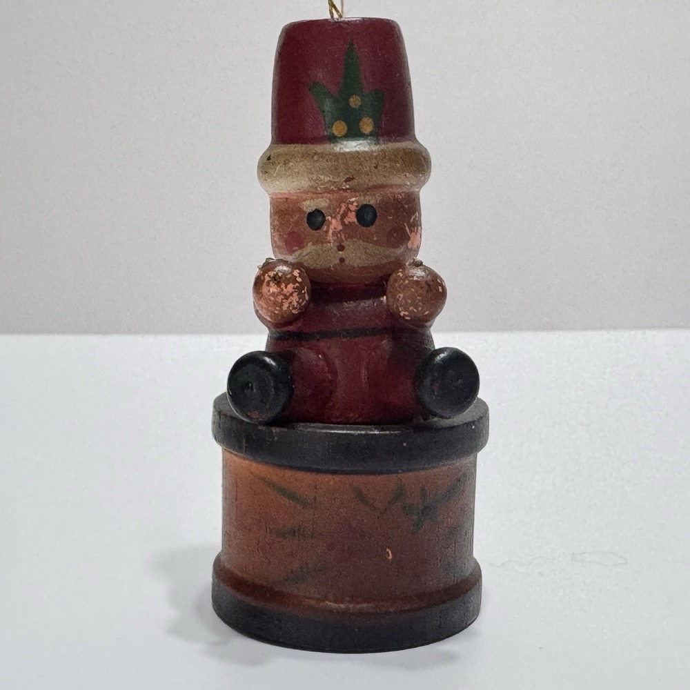 Russ Berrie & Co Wooden Santa Claus Sitting on a Drum Christmas Ornament